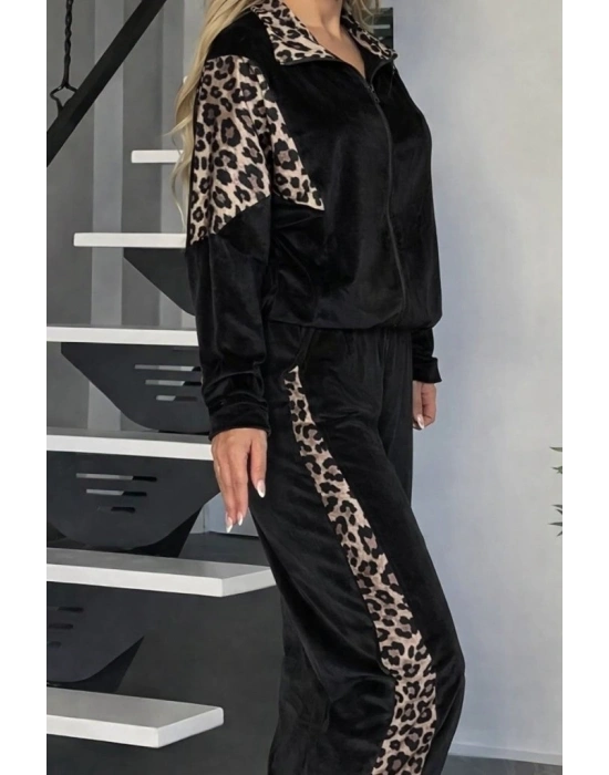 Kadın Uzun Kollu önden Fermuarlı Leopar Detaylı Kadife Bluz Ve Pantolon Ikili Takım