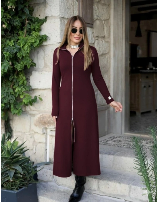 Kadın Uzun Kollu önden Fermuarlı Maxi Viskon Iki Iplik Elbise