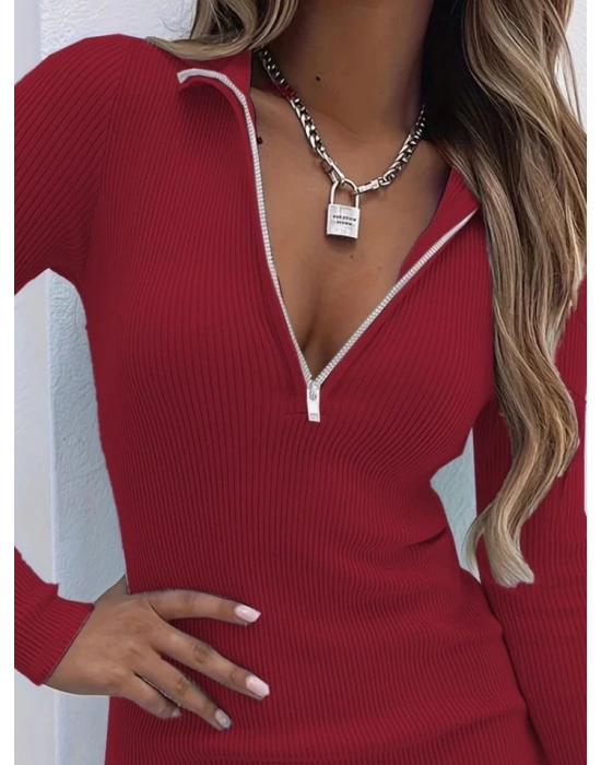 Kadın Uzun Kollu önden Fermuarlı Mini Kaşkorse Elbise