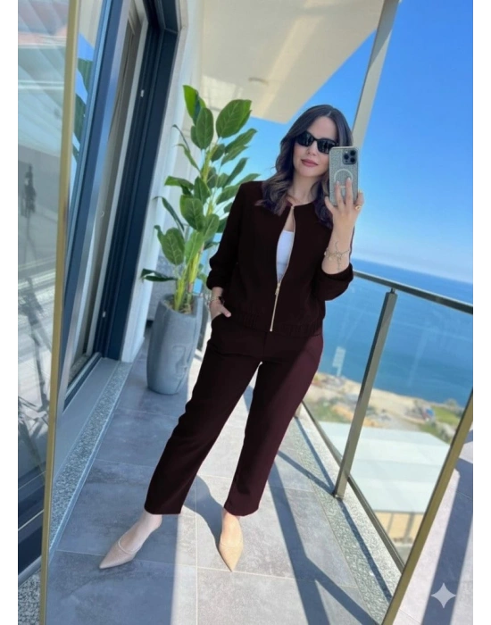 Kadın Uzun Kollu önden Fermuarlı Modal Ceket Ve Pantolon Ikili Takım