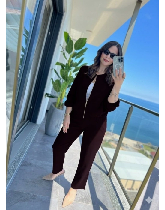 Kadın Uzun Kollu önden Fermuarlı Modal Ceket Ve Pantolon Ikili Takım