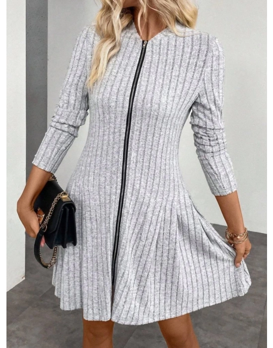 Kadın Uzun Kollu önden Fermuarlı Pileli şardonlu Kaşkorse Mini Elbise