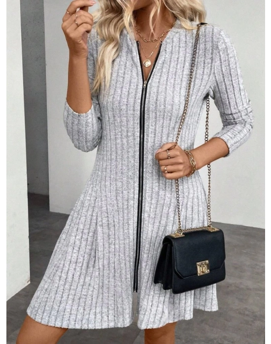 Kadın Uzun Kollu önden Fermuarlı Pileli şardonlu Kaşkorse Mini Elbise