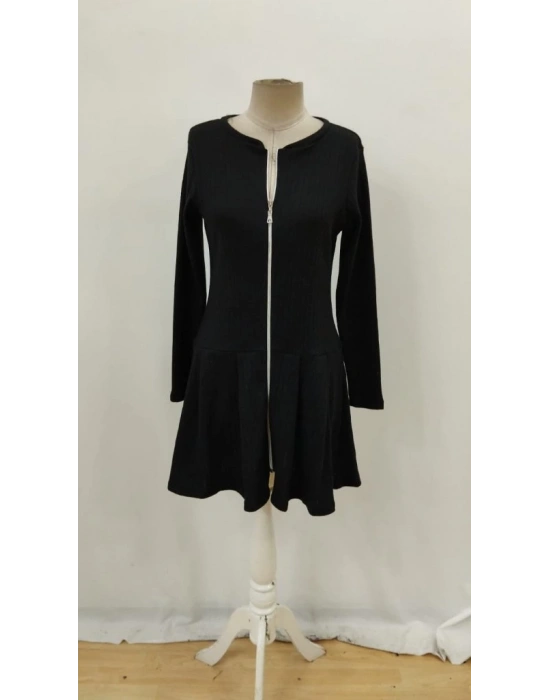 Kadın Uzun Kollu önden Fermuarlı Pileli şardonlu Kaşkorse Mini Elbise