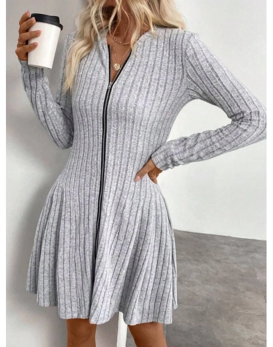 Kadın Uzun Kollu önden Fermuarlı Pileli şardonlu Kaşkorse Mini Elbise