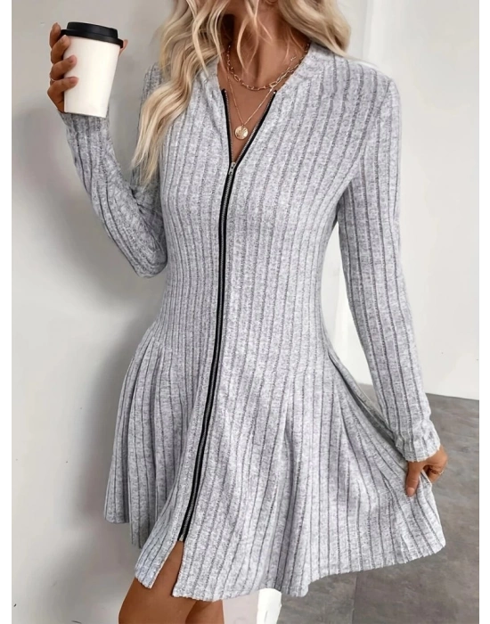 Kadın Uzun Kollu önden Fermuarlı Pileli şardonlu Kaşkorse Mini Elbise