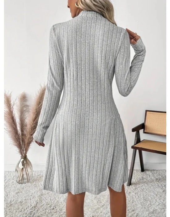 Kadın Uzun Kollu önden Fermuarlı Pileli şardonlu Kaşkorse Mini Elbise