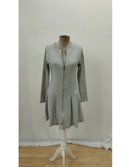 Kadın Uzun Kollu önden Fermuarlı Pileli şardonlu Kaşkorse Mini Elbise