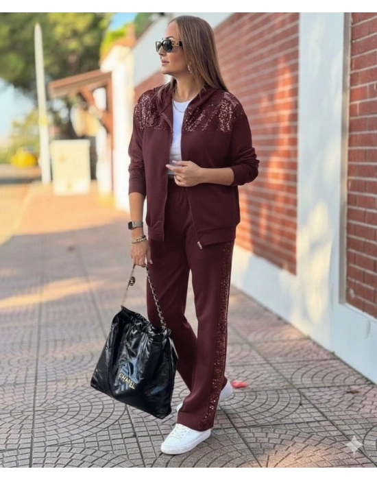 Kadın Uzun Kollu önden Fermuarlı Pul Payetli Alt üst Viskon Iki Iplik Takım