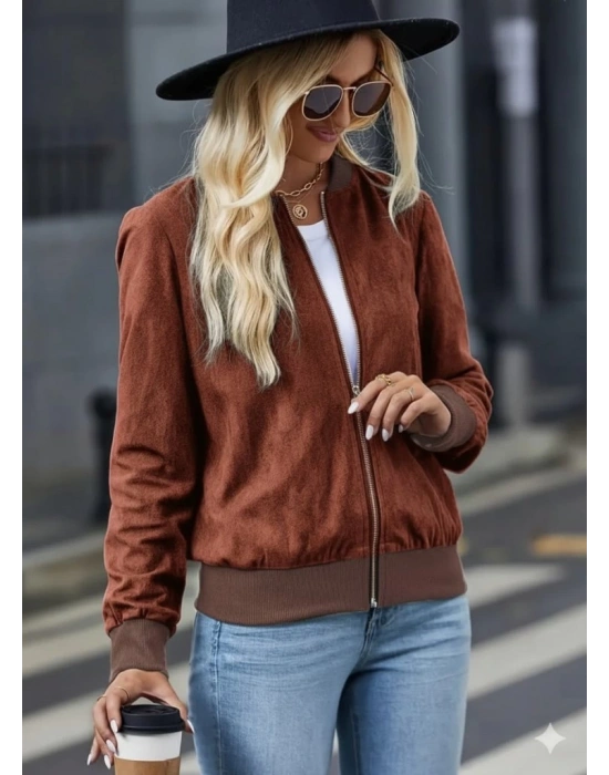Kadın Uzun Kollu önden Fermuarlı Süet Ceket