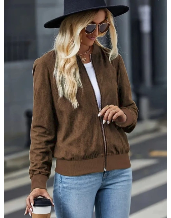 Kadın Uzun Kollu önden Fermuarlı Süet Ceket