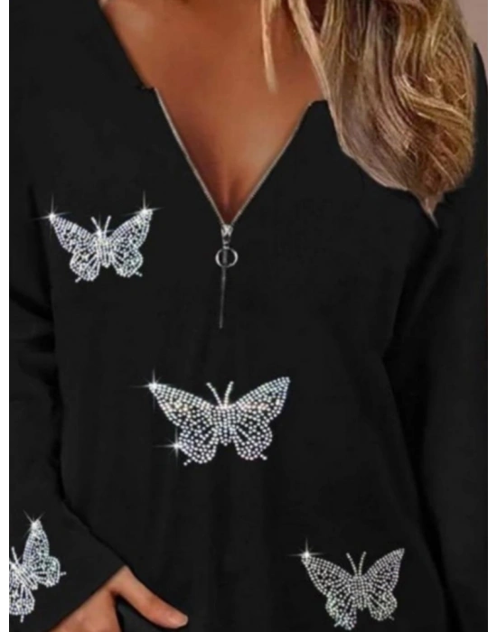 Kadın Uzun Kollu önden Fermuarlı Taşlı Kelebek Desenli Viskon Bluz