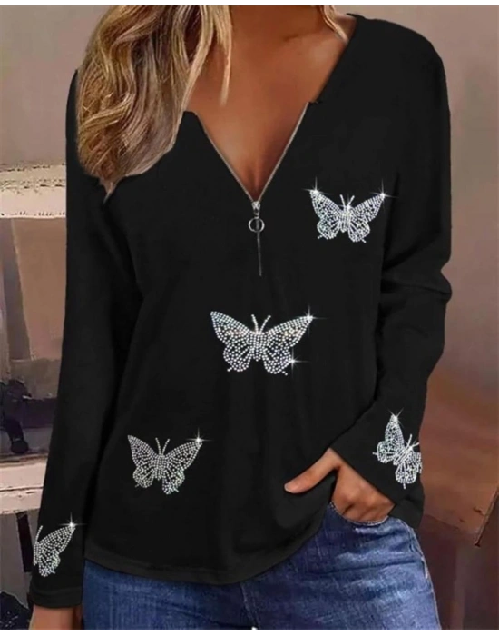 Kadın Uzun Kollu önden Fermuarlı Taşlı Kelebek Desenli Viskon Bluz