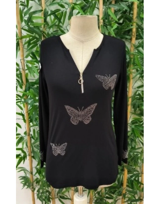 Kadın Uzun Kollu önden Fermuarlı Taşlı Kelebek Desenli Viskon Bluz