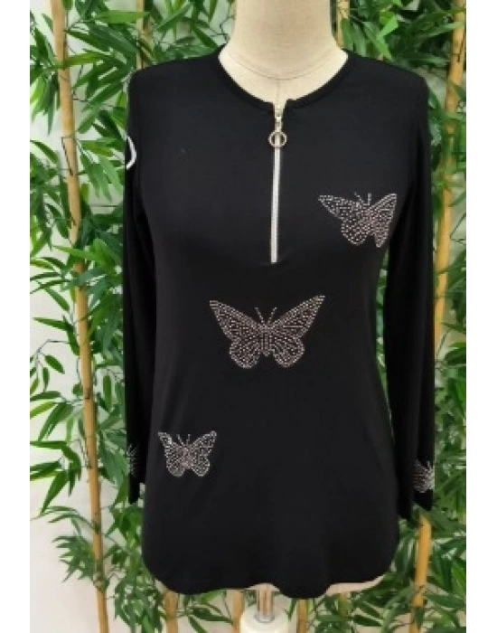 Kadın Uzun Kollu önden Fermuarlı Taşlı Kelebek Desenli Viskon Bluz