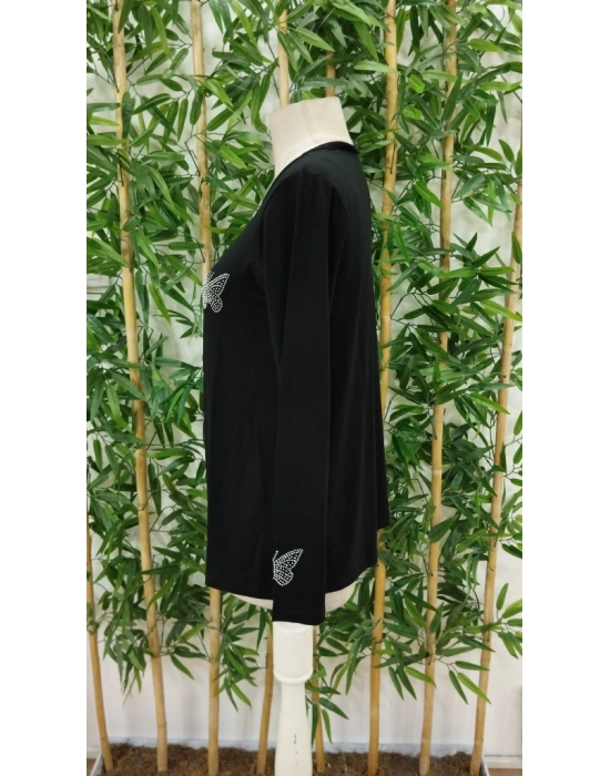 Kadın Uzun Kollu önden Fermuarlı Taşlı Kelebek Desenli Viskon Bluz