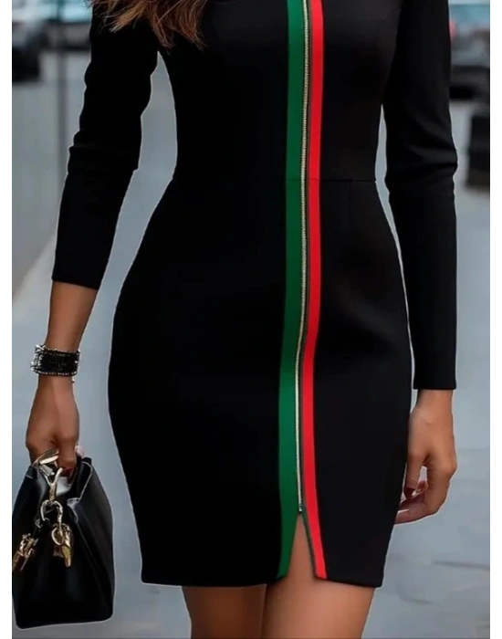 Kadın Uzun Kollu önden Tam Boy Fermuarlı Renkli şerit Detaylı Viskon Iki Iplik Mini Elbise