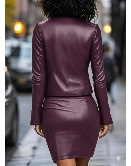 Kadın Uzun Kollu önü Açık Deri Ceket Ve Askılı Yuvarlak Yakalı Mini Elbise Ikili Takım