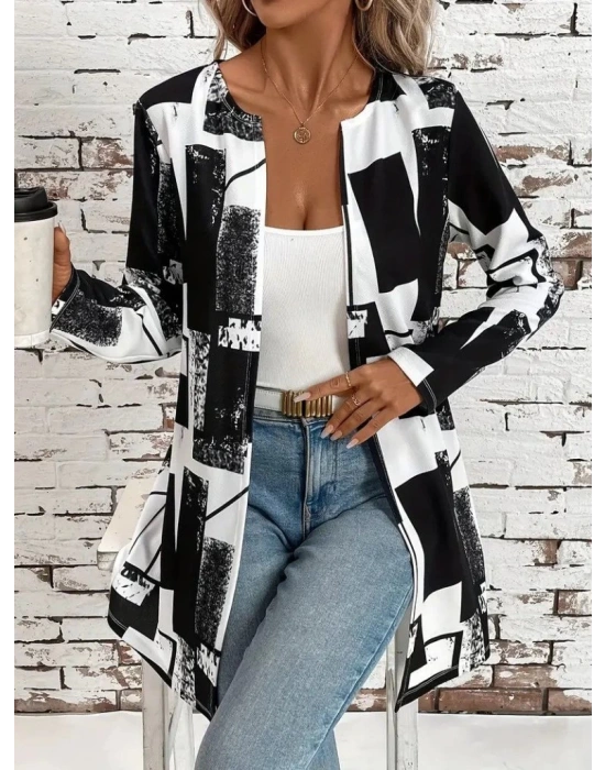 Kadın Uzun Kollu önü Açık Desenli Modal Kısa Ceket