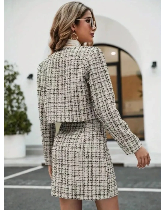 Kadın Uzun Kollu önü Açık Dokuma Ceket Ve Mini Etek Ikili Takım