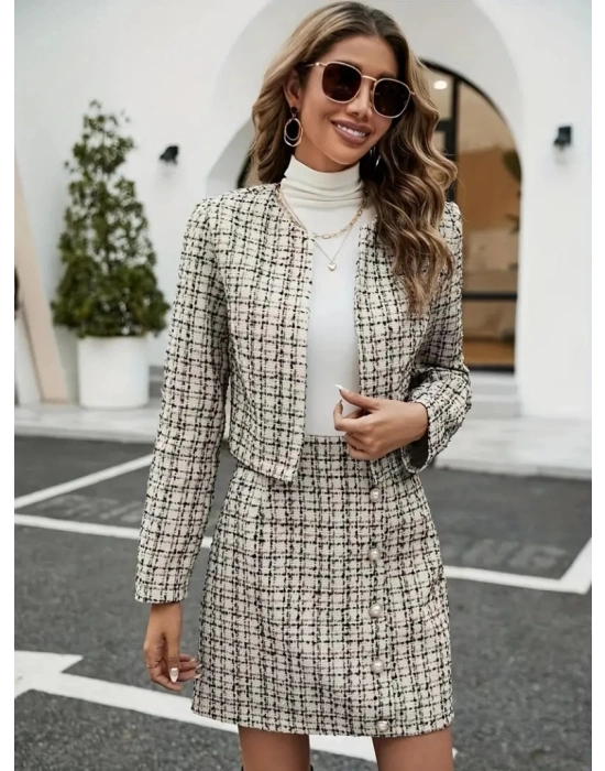 Kadın Uzun Kollu önü Açık Dokuma Ceket Ve Mini Etek Ikili Takım