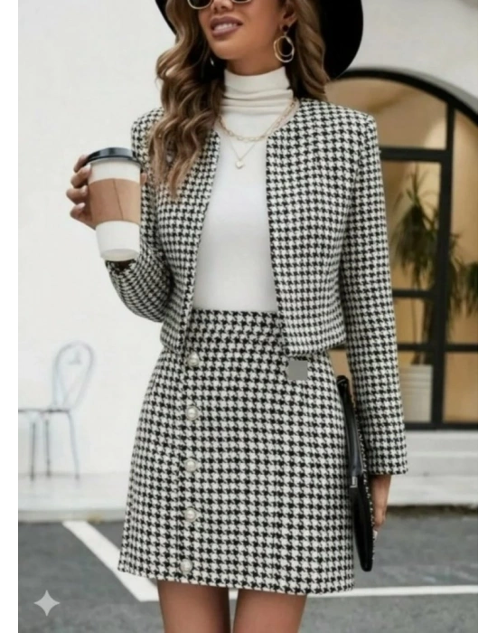 Kadın Uzun Kollu önü Açık Dokuma Ceket Ve Mini Etek Ikili Takım