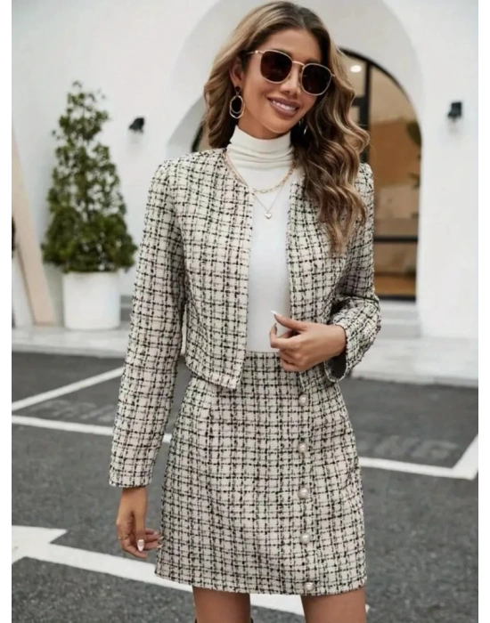 Kadın Uzun Kollu önü Açık Dokuma Ceket Ve Mini Etek Ikili Takım