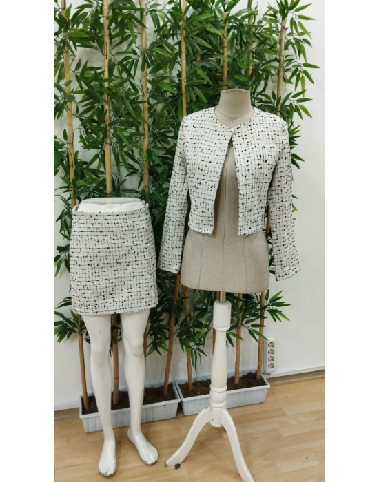 Kadın Uzun Kollu önü Açık Dokuma Ceket Ve Mini Etek Ikili Takım