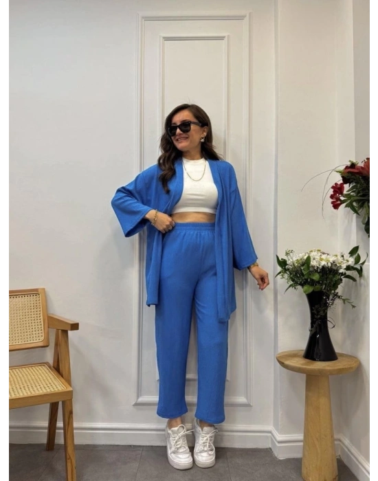 Kadın Uzun Kollu önü Açık Dokuma Ceket Ve Pantolon Ikili Takım