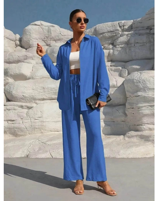 Kadın Uzun Kollu önü Açık Dokuma Ceket Ve Pantolon Ikili Takım