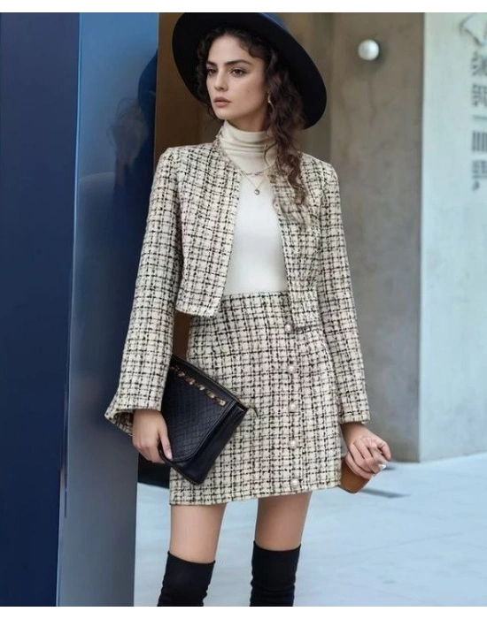 Kadın Uzun Kollu önü Açık Düğme Detaylı Dokuma Ceket Etek Ikili Takım