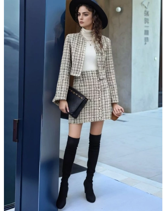 Kadın Uzun Kollu önü Açık Düğme Detaylı Dokuma Ceket Etek Ikili Takım