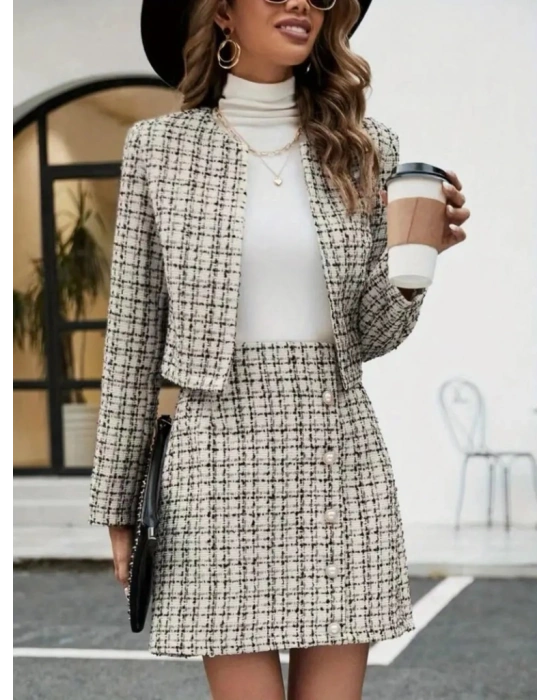 Kadın Uzun Kollu önü Açık Düğme Detaylı Dokuma Ceket Etek Ikili Takım