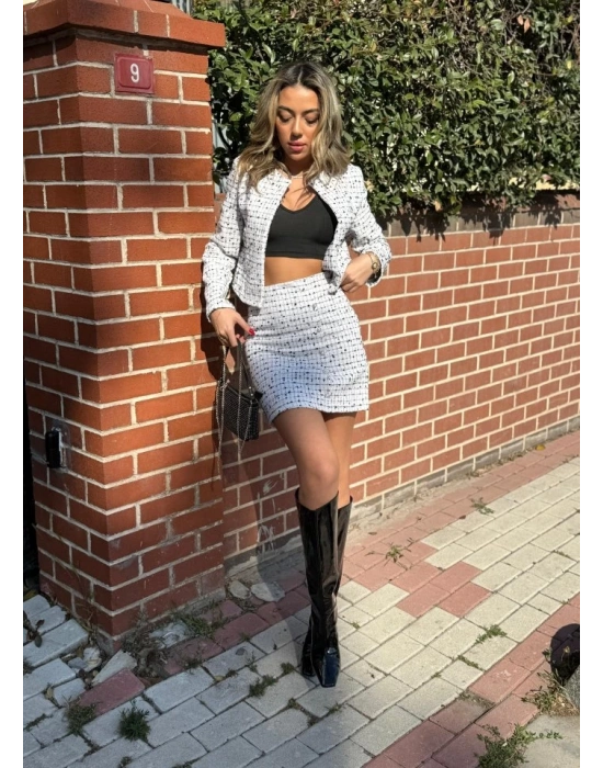 Kadın Uzun Kollu önü Açık Düğme Detaylı Dokuma Ceket Etek Ikili Takım