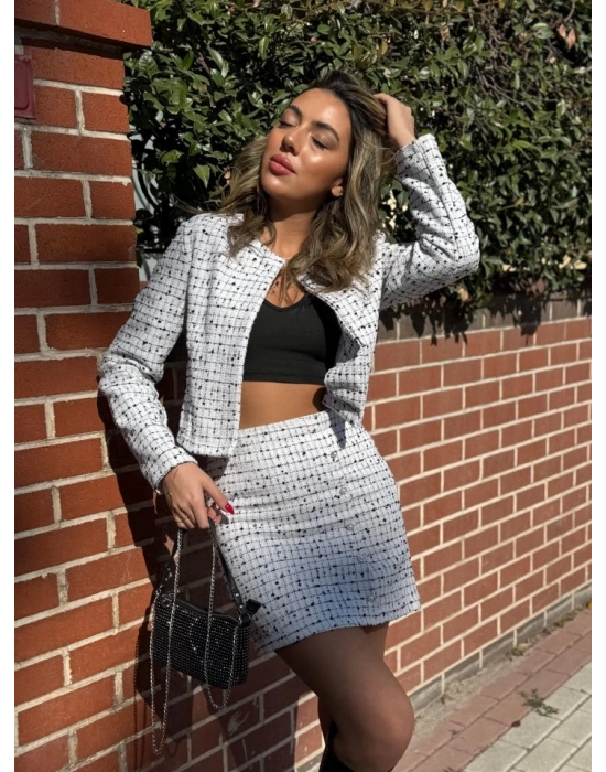 Kadın Uzun Kollu önü Açık Düğme Detaylı Dokuma Ceket Etek Ikili Takım