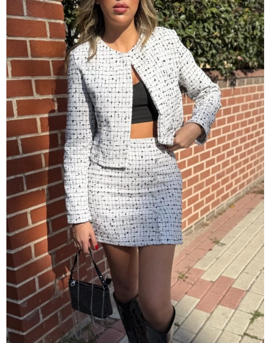 Kadın Uzun Kollu önü Açık Düğme Detaylı Dokuma Ceket Etek Ikili Takım