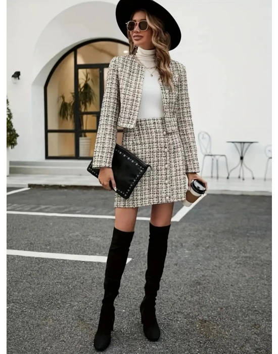 Kadın Uzun Kollu önü Açık Düğme Detaylı Dokuma Ceket Etek Ikili Takım