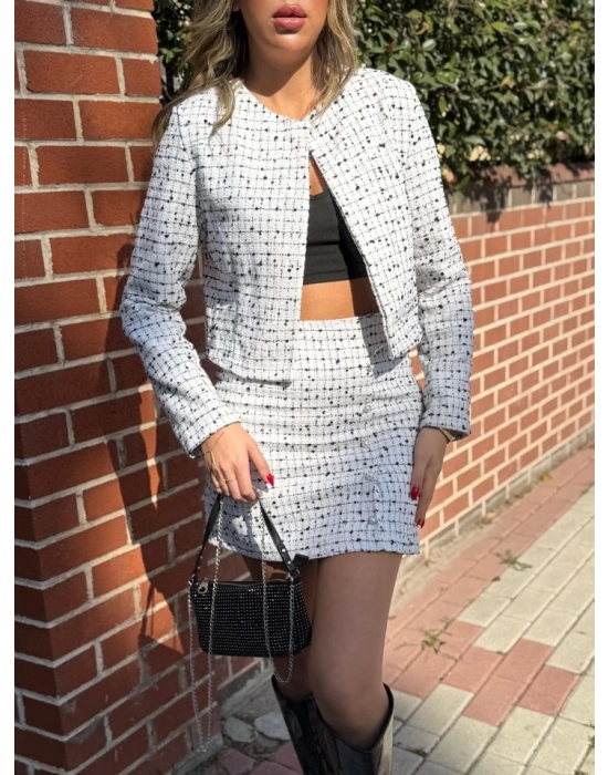 Kadın Uzun Kollu önü Açık Düğme Detaylı Dokuma Ceket Etek Ikili Takım