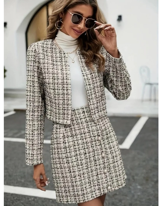 Kadın Uzun Kollu önü Açık Düğme Detaylı Dokuma Ceket Etek Ikili Takım