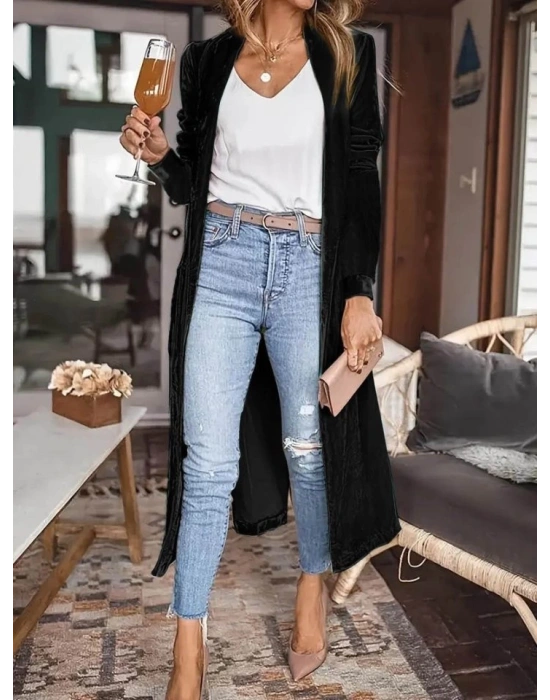 Kadın Uzun Kollu önü Açık Kolları Uzun Midi Ceket