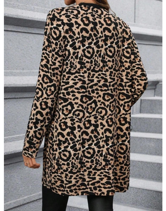 Kadın Uzun Kollu önü Açık Leopar Desenli Modal Ceket