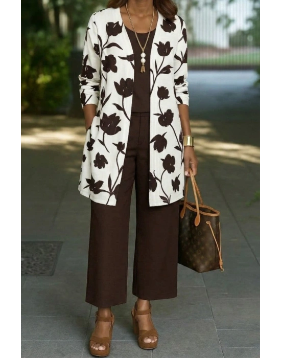 Kadın Uzun Kollu önü Açık Modal Ceket Kolsuz Viskon Iki Iplik Bluz Ve Pantolon üçlü Takım