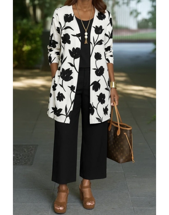 Kadın Uzun Kollu önü Açık Modal Ceket Kolsuz Viskon Iki Iplik Bluz Ve Pantolon üçlü Takım