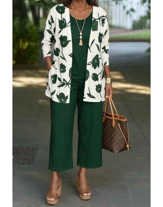 Kadın Uzun Kollu önü Açık Modal Ceket Kolsuz Viskon Iki Iplik Bluz Ve Pantolon üçlü Takım