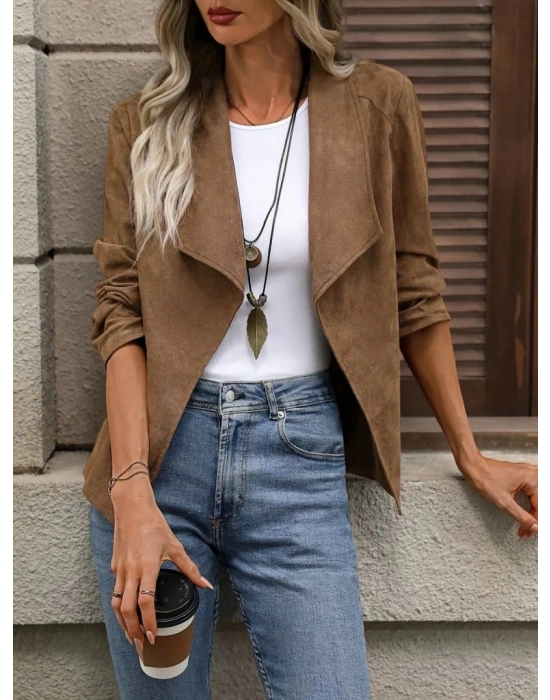 Kadın Uzun Kollu önü Açık Yakalı Süet Ceket