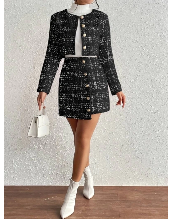 Kadın Uzun Kollu önü Düğmeli şanel Ceket Ve Etek Takım