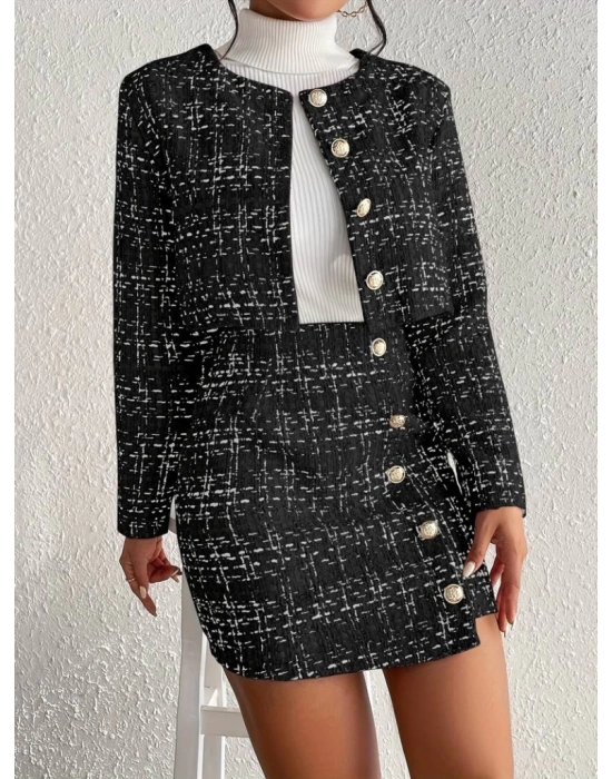 Kadın Uzun Kollu önü Düğmeli şanel Ceket Ve Etek Takım