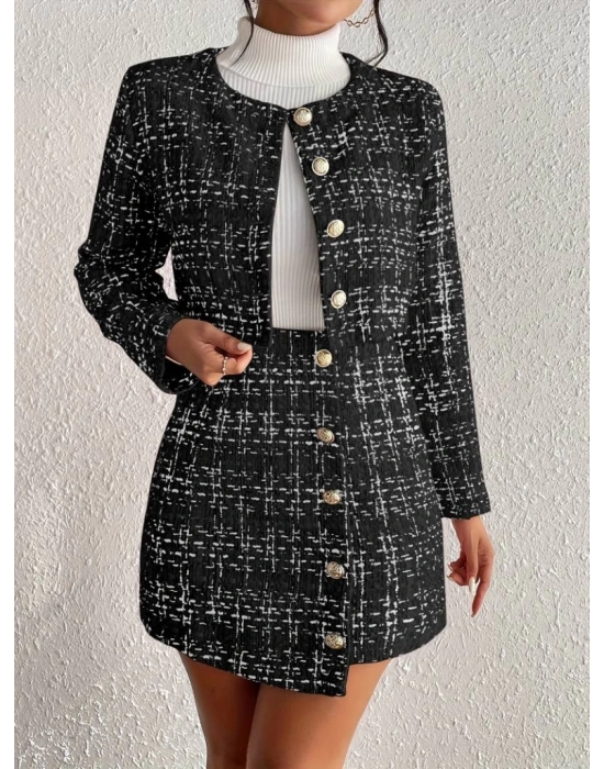 Kadın Uzun Kollu önü Düğmeli şanel Ceket Ve Etek Takım