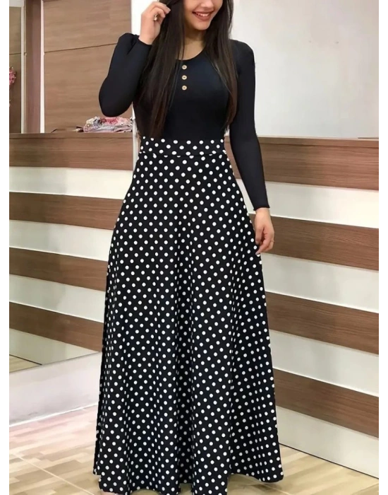 Kadın Uzun Kollu önü Düğmeli Viskon Bluz Eteği örme Maxi Krep Elbise