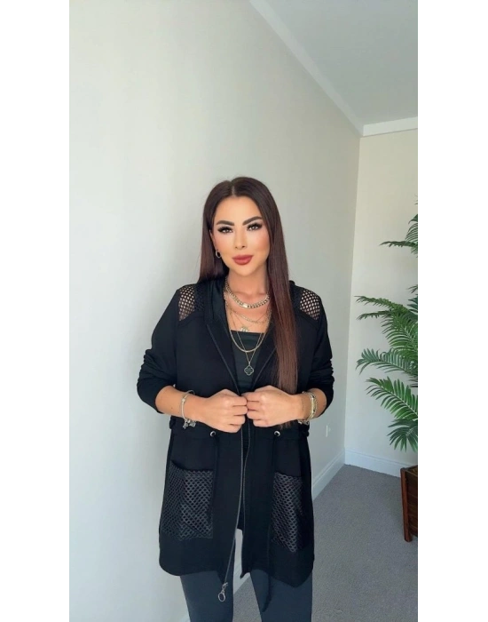 Kadın Uzun Kollu önü Fermuarlı File Detaylı Belden Bağcıklı Kısa Modal Ceket